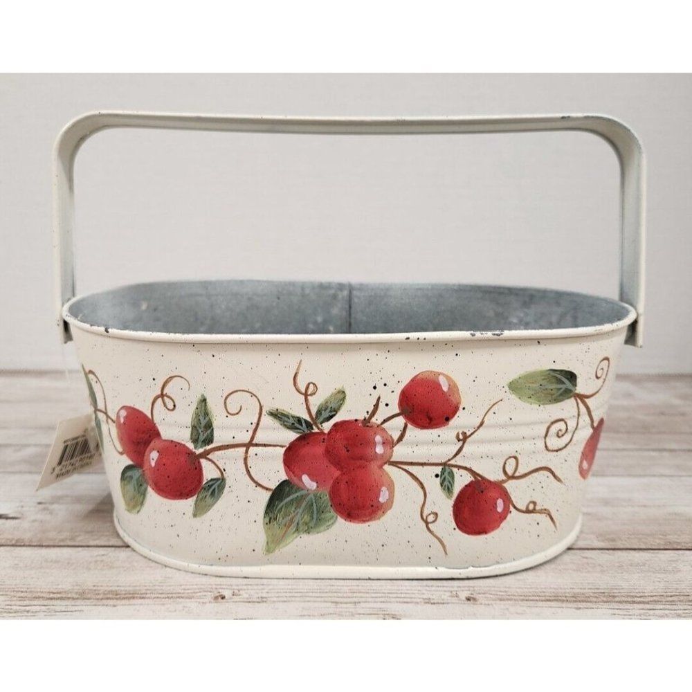 Kraft Klub Painted White Cherrie Oval Tin Basket Metal Bucket Pail W/ Handle